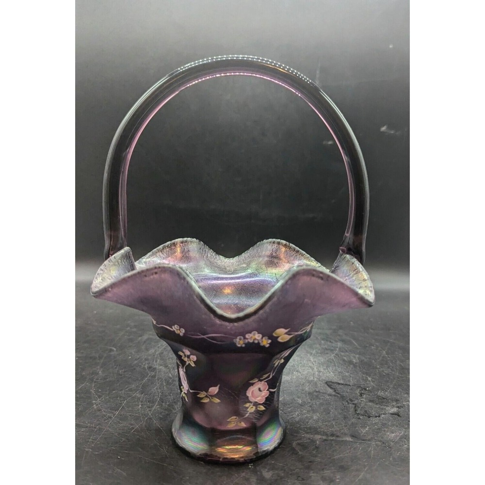 Fenton Art Glass Amethyst Basket HDPT Signed Frank Fenton J Cunningham Label USA